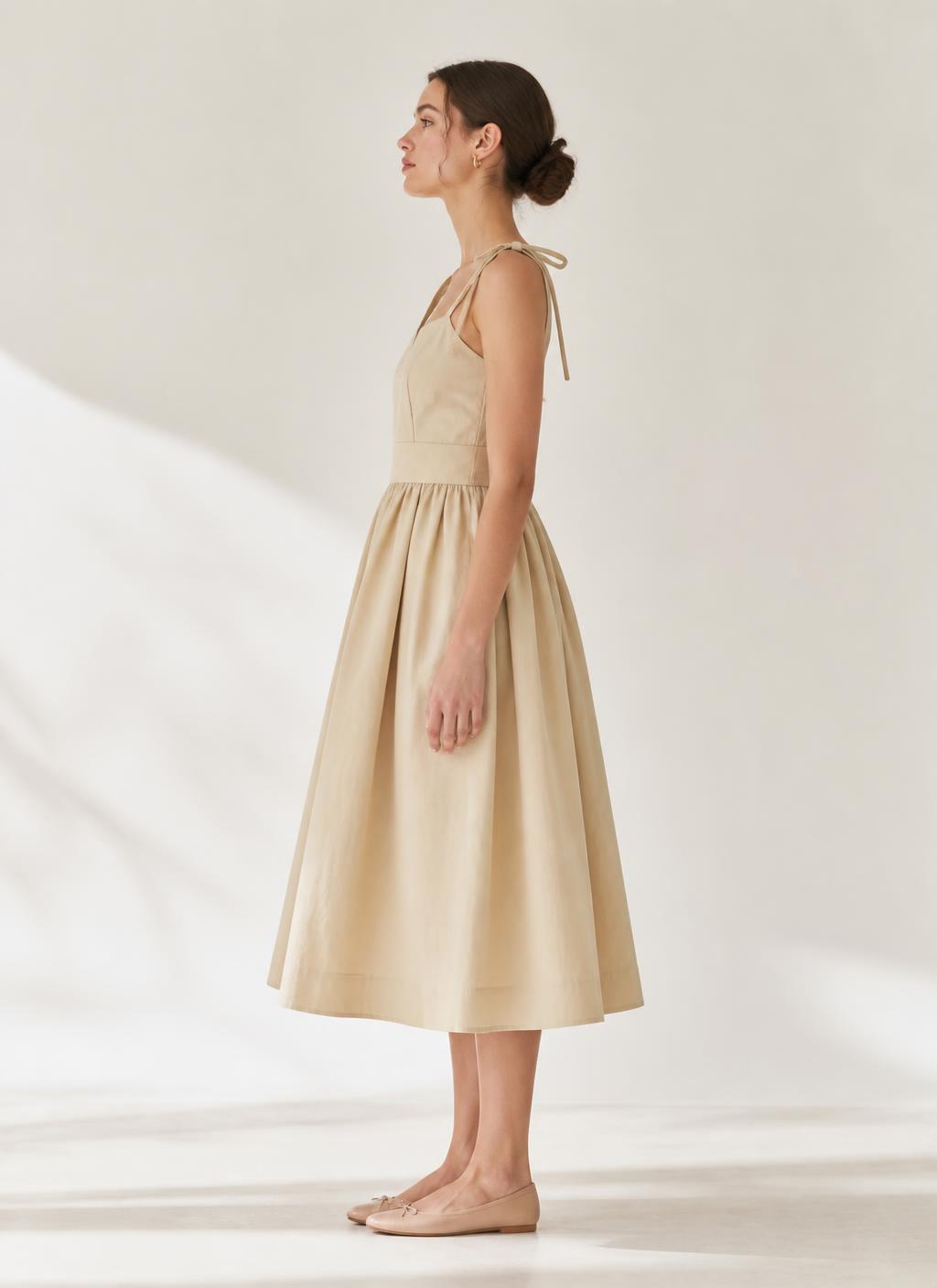 Vestido Midi Beige Algodón - lateral