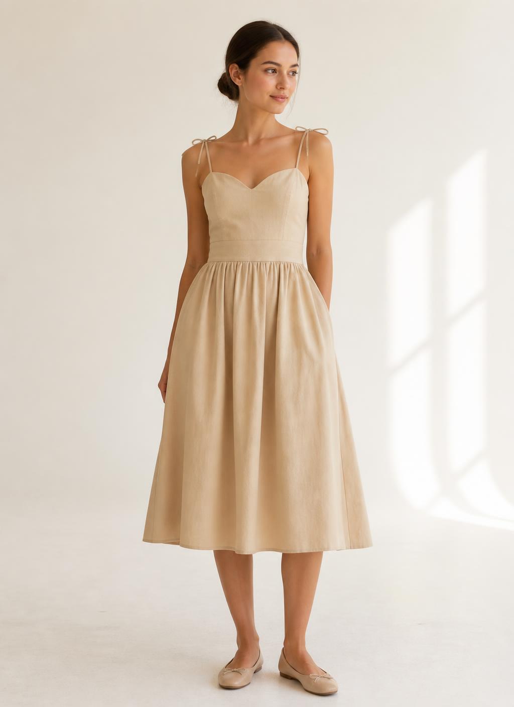 Vestido Midi Beige Algodón - frontal