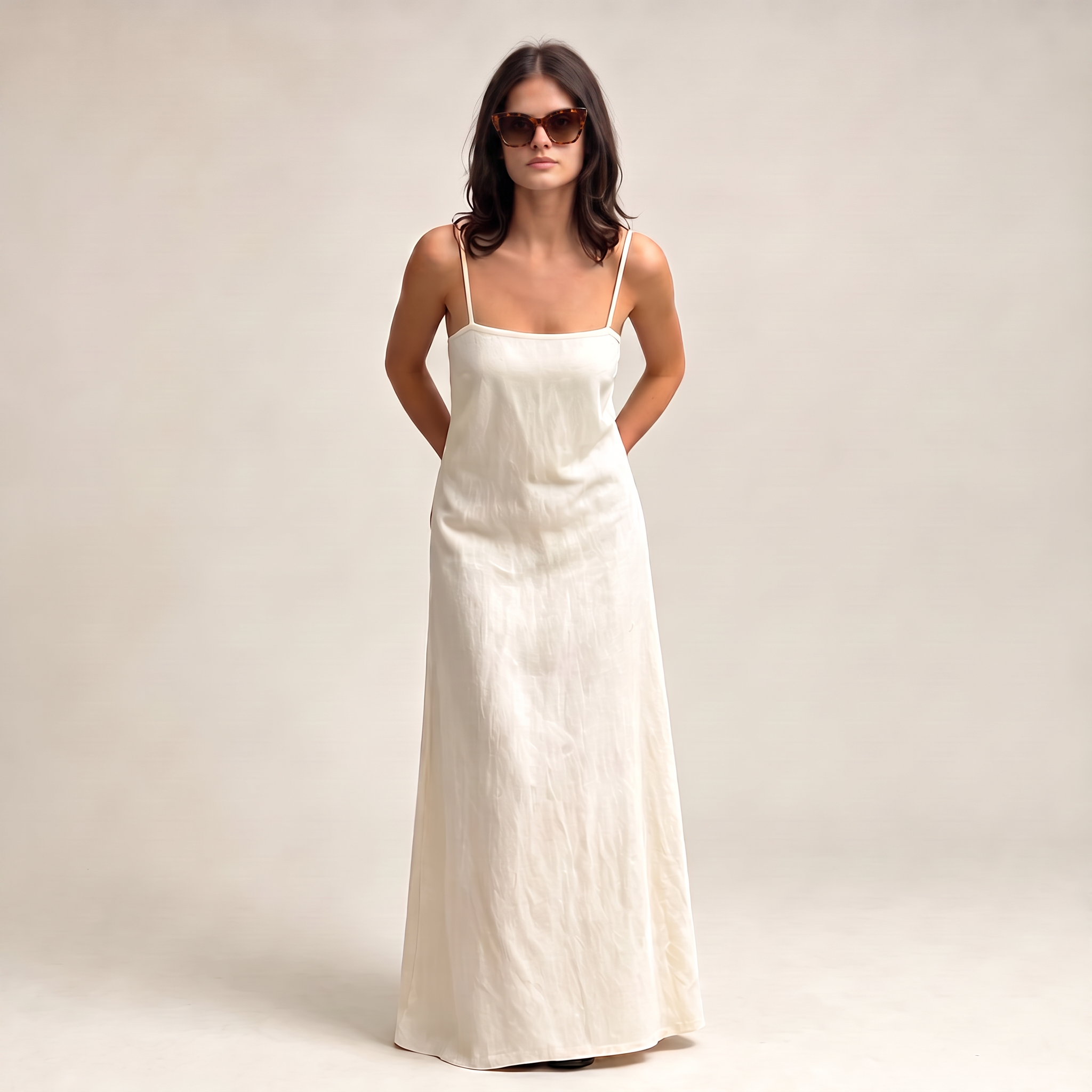 Vestido Largo Blanco Lino de Cáñamo - frontal